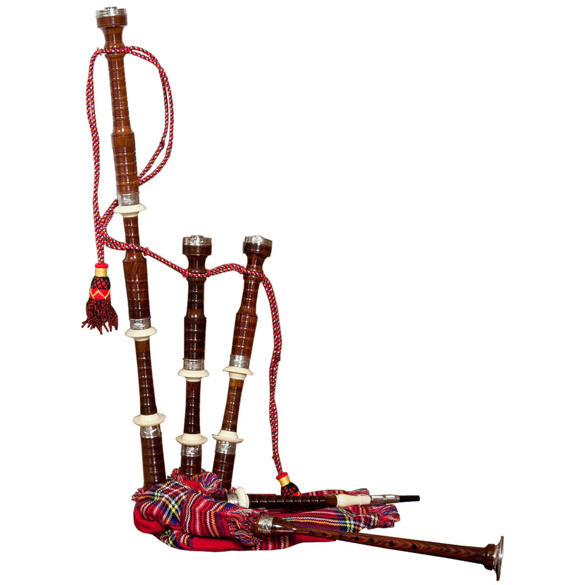 Mid-East Full Size Sheesham Bagpipe Engraved Nickel Plated with Red Tartan Cover