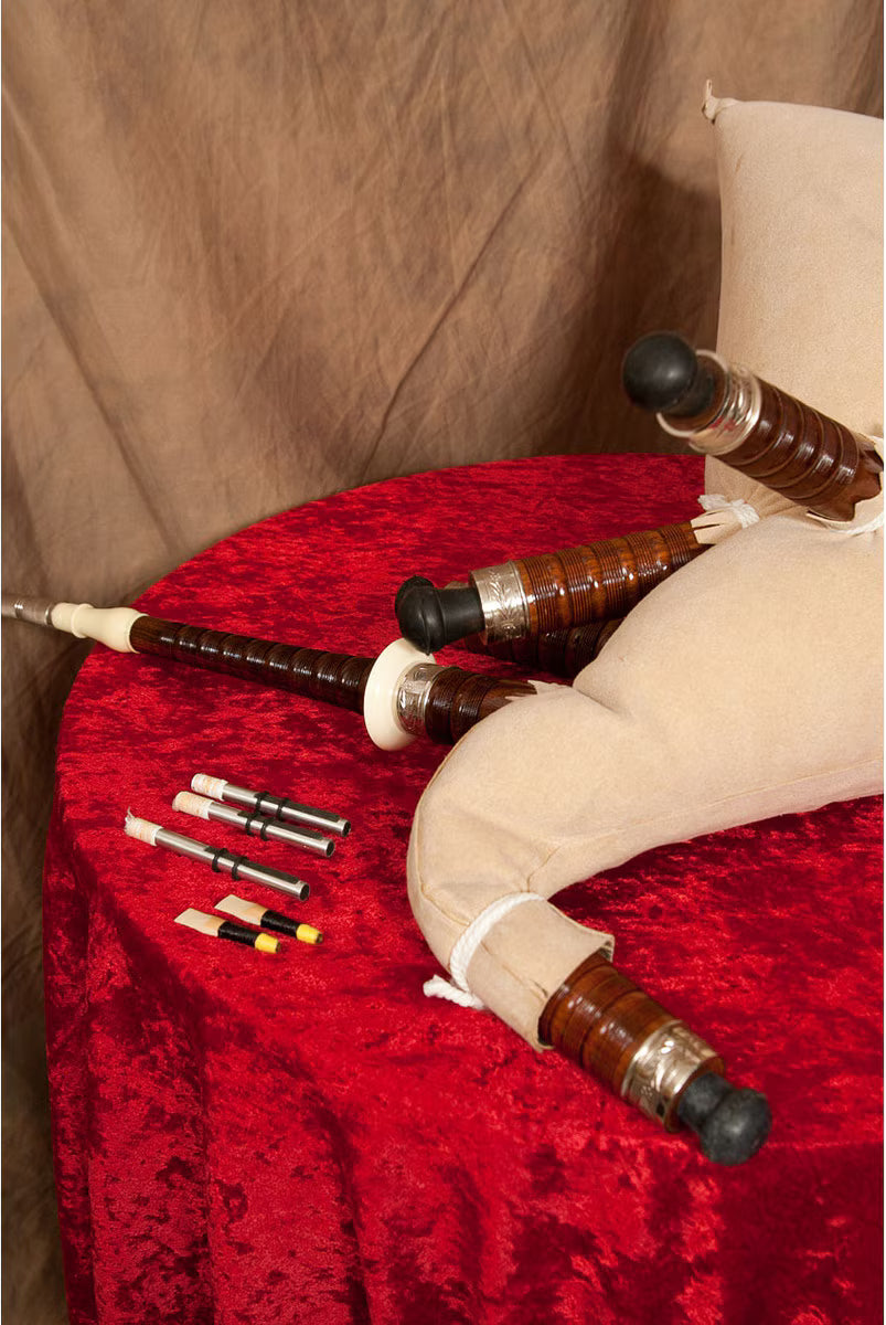 Mid-East Full Size Sheesham Bagpipe Engraved Nickel Plated with Red Tartan Cover