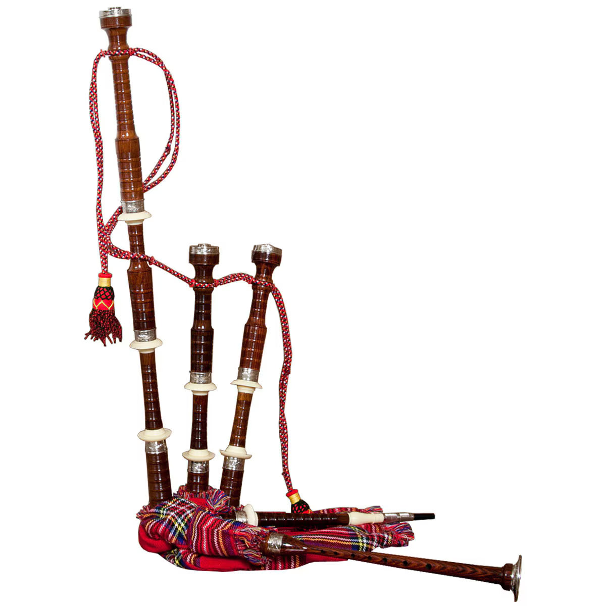 Mid-East Full Size Sheesham Bagpipe Engraved Nickel Plated with Red Tartan Cover